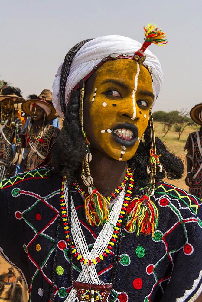 Wodaabe-Bororo man with face painted at the annual Gerewol festival, courtship ritual competition among the Wodaabe Fula people, Niger, West Africa, Africa