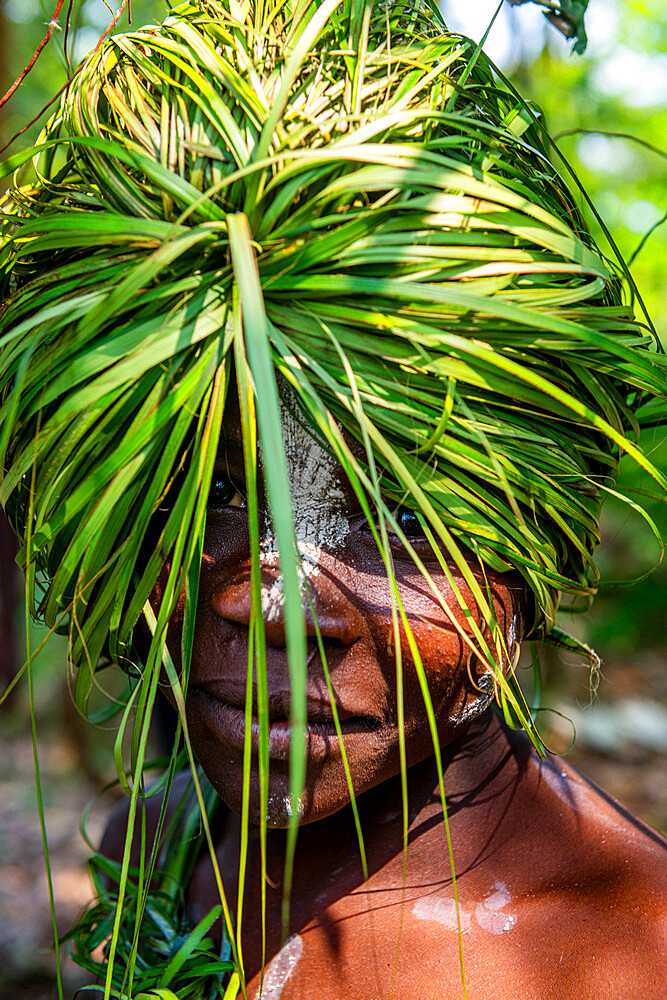 Traditional masked man, Yaka tribe, Mbandane, Democratic Republic of the Congo, Africa