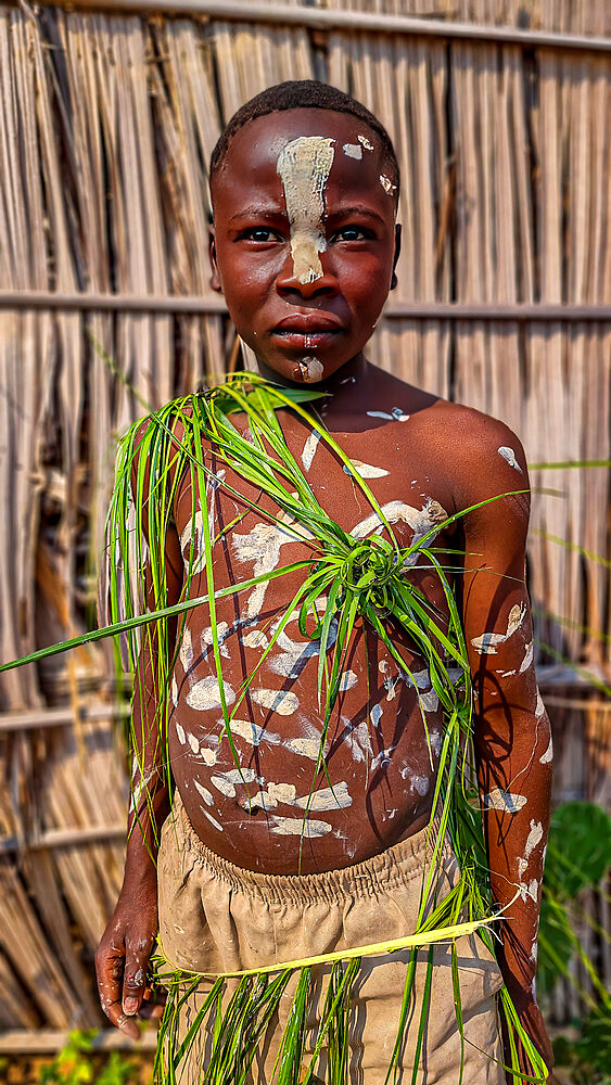 Colourful Yaka tribes boy, Mbandane, Democratic Republic of the Congo, Africa