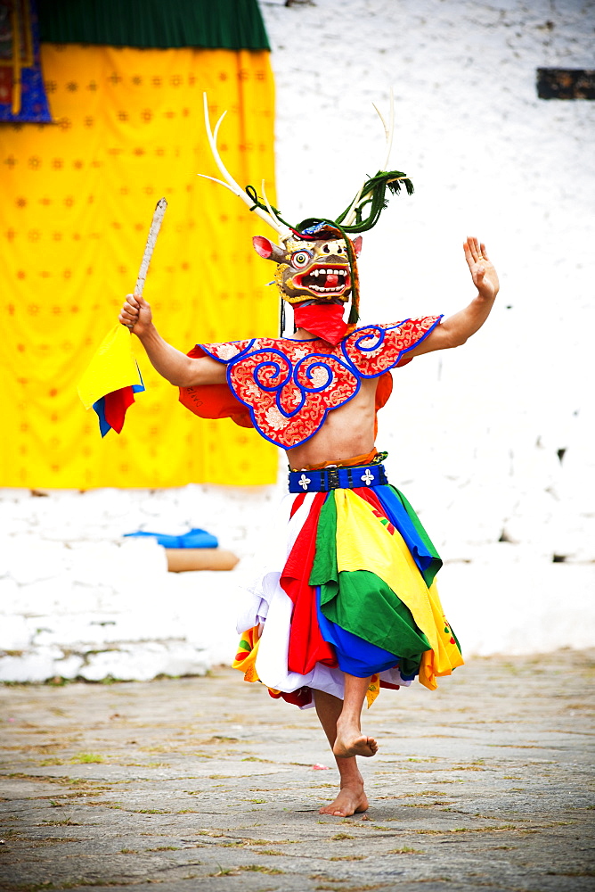 Traditional dancer at the Paro festival, Paro, Bhutan, Asia