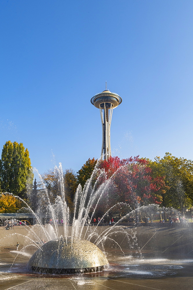 MoPoP fountain and Space Needle, Seattle, Washington State, United States of America, North America