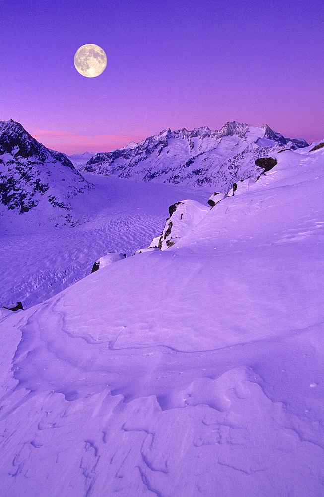 Swiss alps, mountains, wannenhorn, wannenhoerner, aletsch glacier, switzerland, wallis, full moon, view from the bettmerhorn, full moon, dusk, digital composition