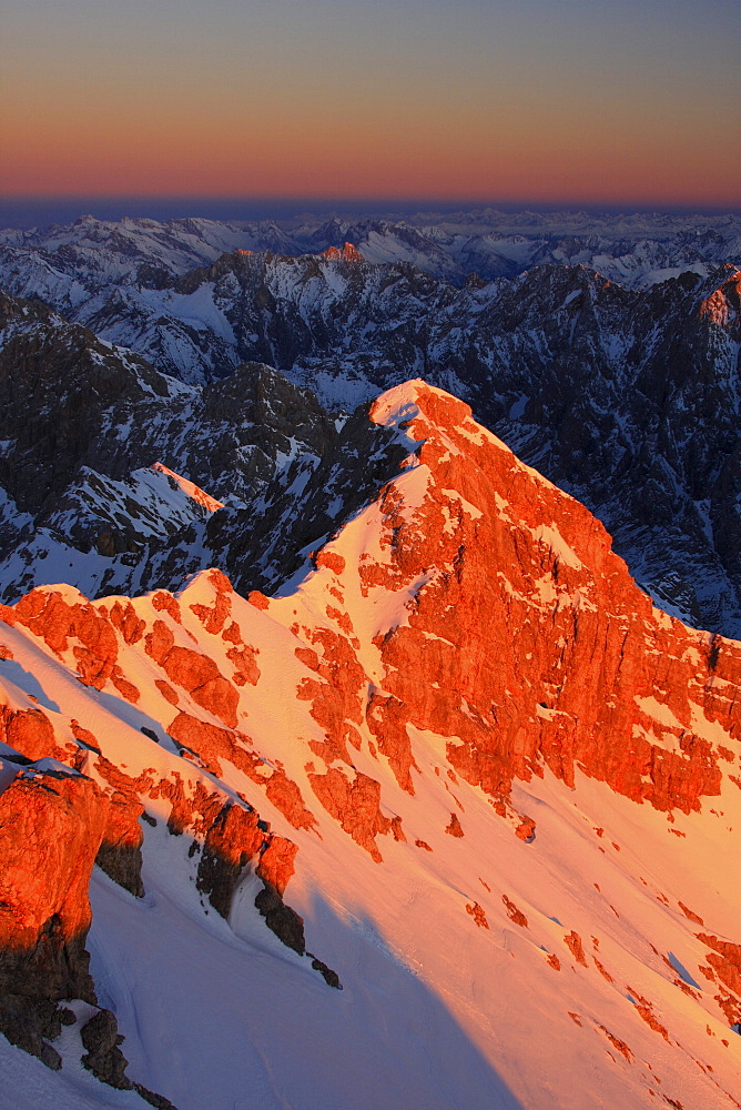 German alps, on the top of zugspitze in winter, bayern, germany