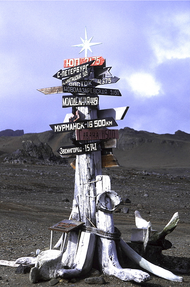 Signpost, antarctica. King george island. Russian research centre