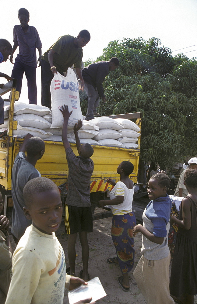 Zambia distribution of american catholic relief services (crs) food aid at a center in mongu, during a time of drought and famine. (2002-3)