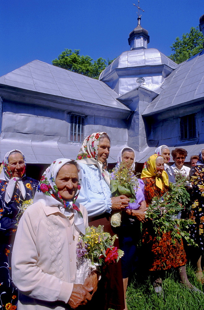Religion parishioners outside village church, zolochov, ukraine