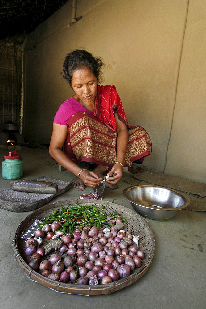 Bangladesh alpona ritchil, a woman of the garo tribal minority chops onions and garlic, ready for cooking, haluaghat, mymensingh region