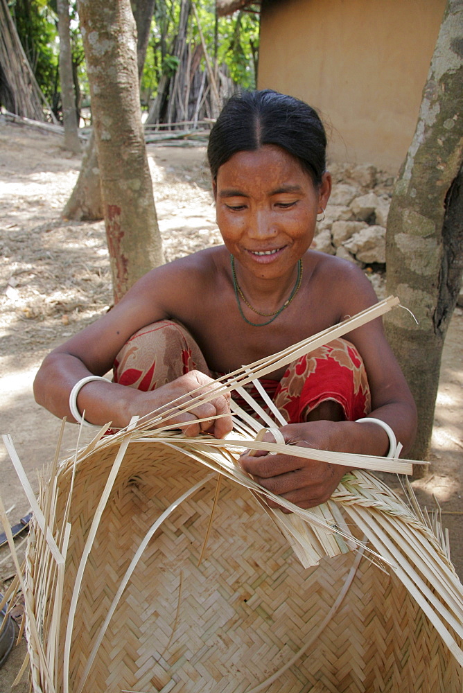 Bangladesh member of koch tribal minority making a bamboo basket, nalitabari, mymensingh region