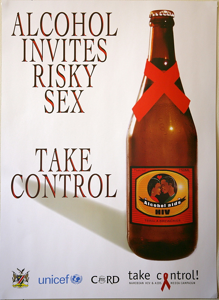 Namibia aids prevention poster at an testing clinic in windhoek, warning about risks of alcohol.