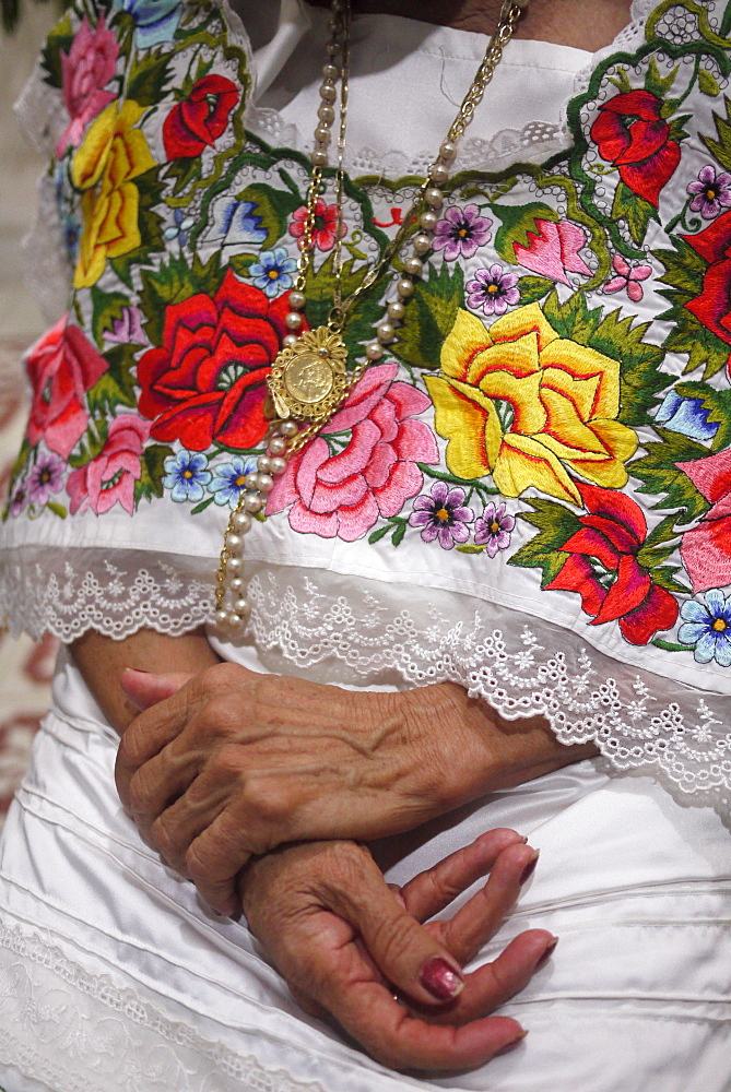 MEXICO Detail of Yucatan style ladies blouse with embroidery, Merida, Yucatan