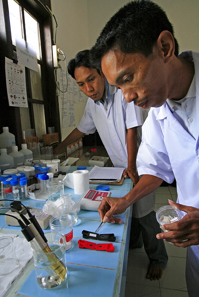 Indonesia laboratory testing drinking water. Photograph taken in meulaboh, aceh province -december 2006, 2 years after tsunami of december 26th 2004 devastated much of coastal region. Taken to illustrate reconstruction work projects of (catholic relief services) of sponsored photo tour. terchnician : every house well gets tested. Unicef originally helped up to support other ngos in area, helps staff salaries provides us with equipment. coordinates activities with local government. water in local wells is quite contaminated, especially with arsenic, as well as nitrates, nitrites, iron, manganese fluoride. water became salinated after tsunami. We test here both water from shallow deep wells 