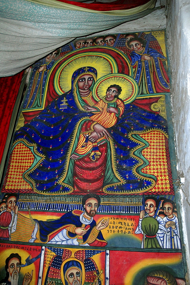 Religion, ethiopia. 17th âˆšÂ¢Â¬Ã„Â¬Ã¬19th century murals in new gondar style, at the old saint mary of zion church. Axum