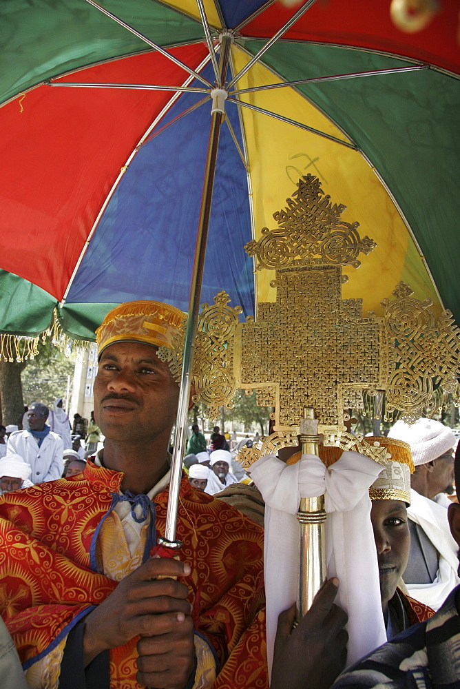 Ethiopia deacons holding crosses during feast of mary, axum