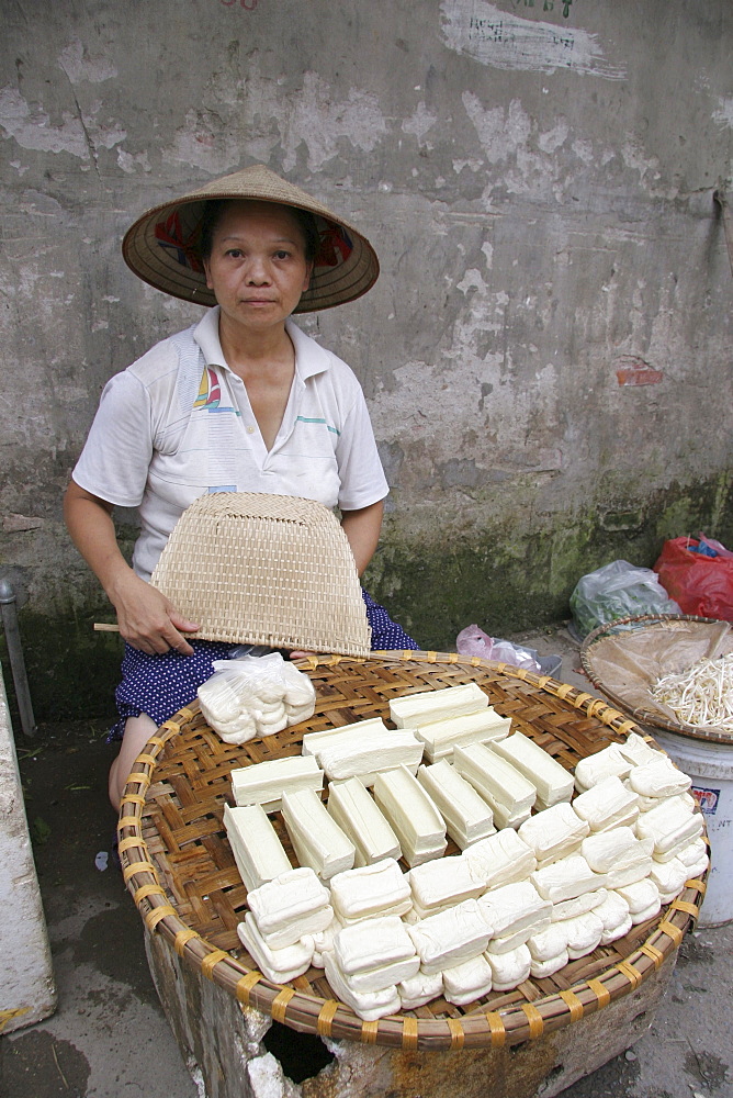 Vietnam woman selling tofu in a street market of hanoi