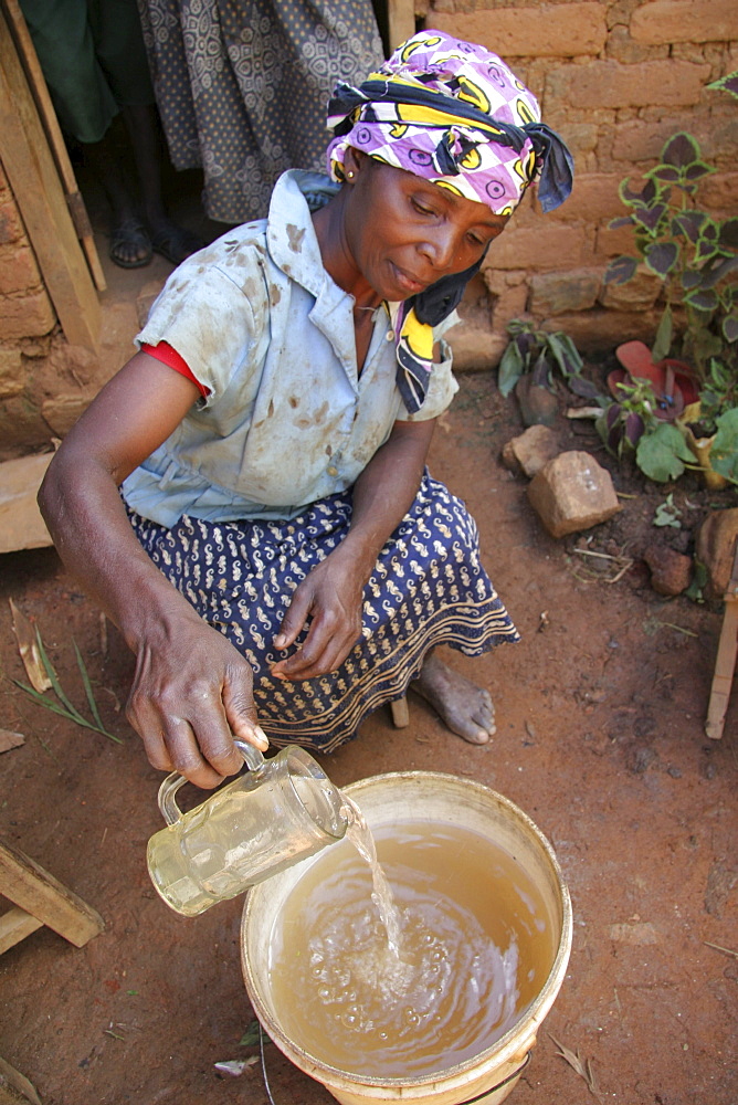 Tanzanian woman with unsafe drinking water collected in a bucket from a stream near her home. The water is contaminated with amoebas and other parasites. Kighare, same, in the north-east near kilimanjaro