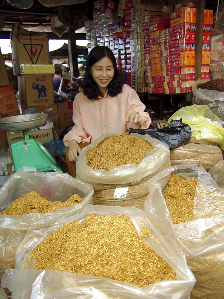 Cambodia tobacco seller, market, kampong thom town