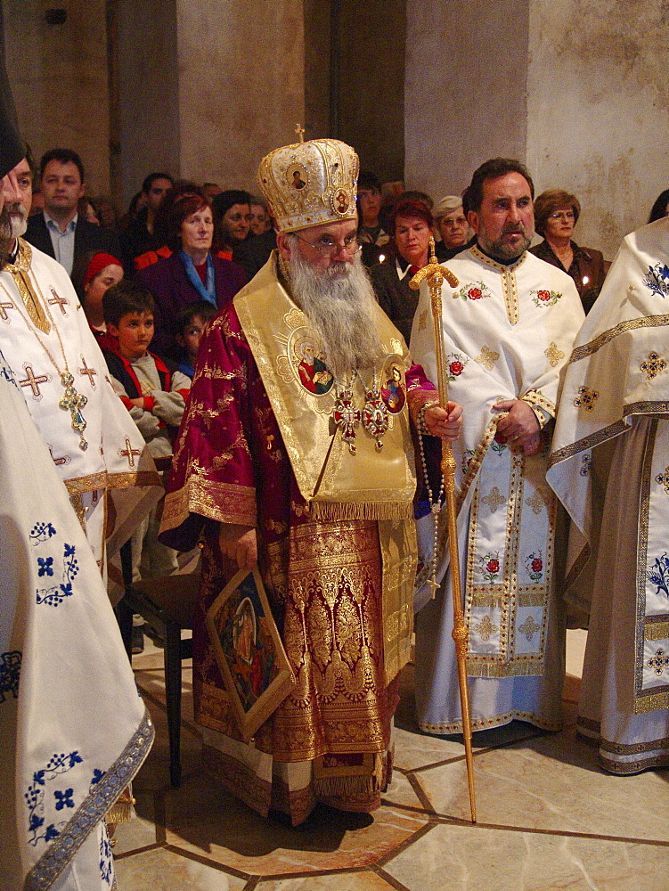 Macedonia (the former yugoslav republic of macedonia, fyrm) easter sunday service at saint sofia orthodox church, ohrid. Mass is lead by archbishop timotei, (wearing crown)