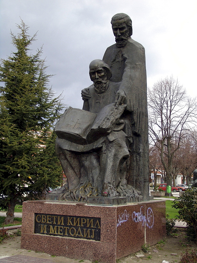 Macedonia (the former yugoslav republic of macedonia, fyrm) saints cyril and methodius, statue. The town of ohrid on the shore of lake ohrid