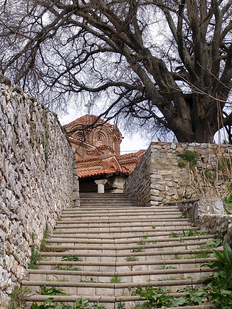 Macedonia (the former yugoslav republic of macedonia, fyrm) steps leading to church of saint clement. The town of ohrid on the shore of lake ohrid