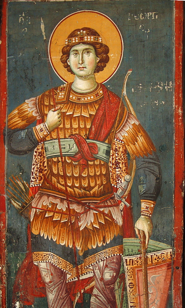 Macedonia (the former yugoslav republic of macedonia, fyrm) saint george. 13th century frescoes inside the orthodox church of saint clement, ohrid