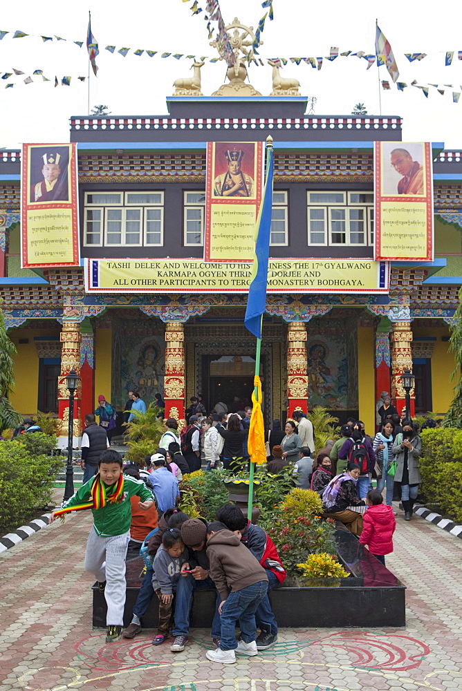 His holiness the 17th gyalwang karmapa banners at tergar monastery in maha bodhi temple. Kalachakra initiation in bodhgaya, india  