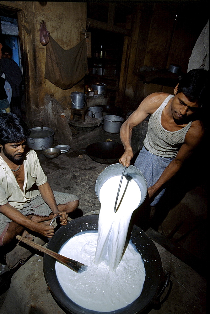 People pouring milk in basin after milking then famous sweets like rabri made. India