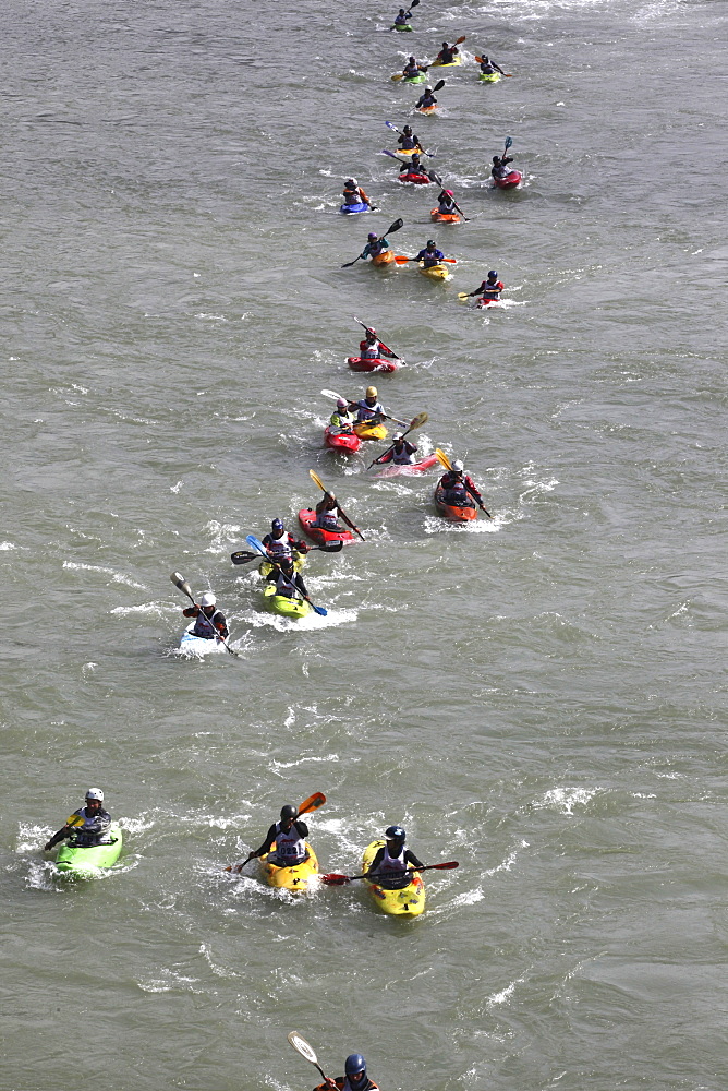 Paddlers race from a Le Mans style mass start, head to head down a stretch of challenging class 4 whitewater. Trisuli, Nepal