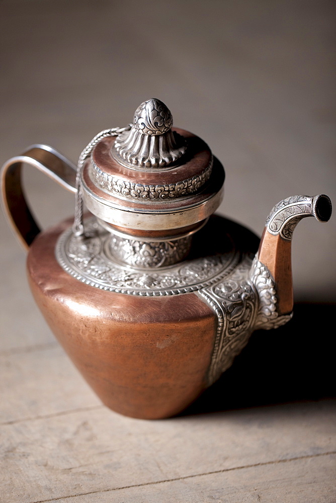 A copper pot embellished with silver. Ladakh, India