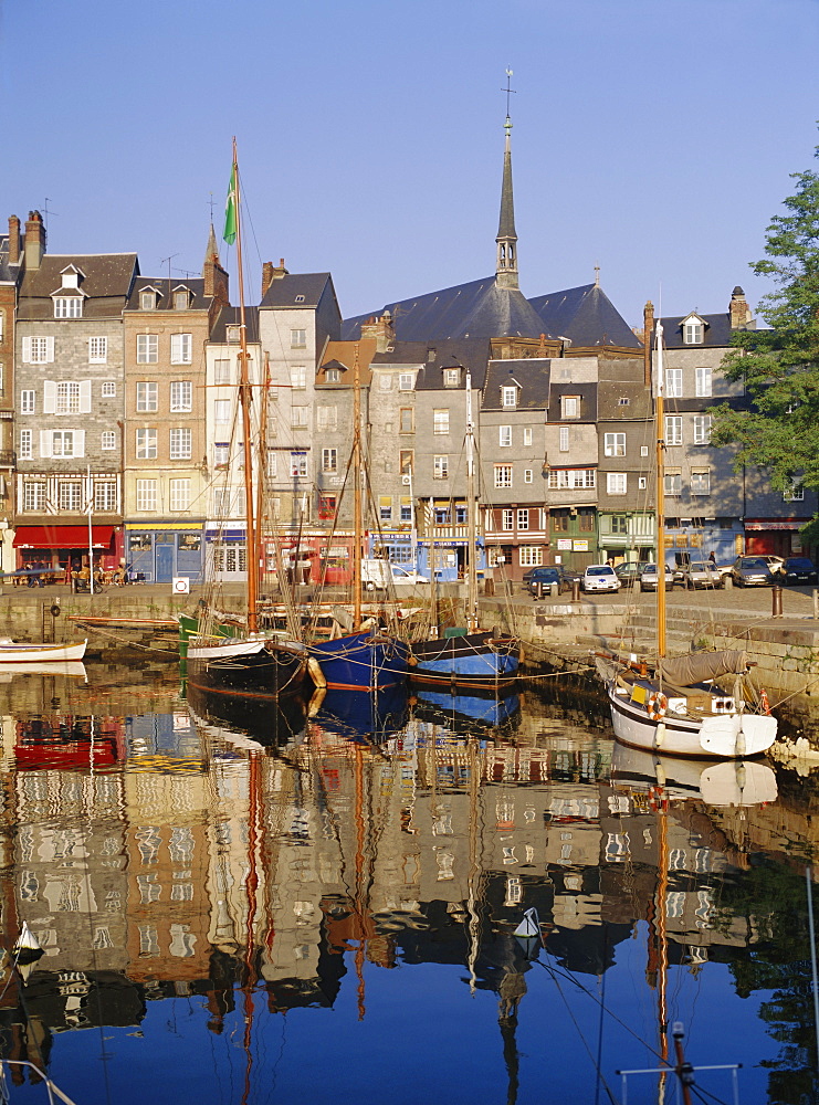 Old Harbour, St. Catherine's Quay and spire of St. Catherine's church behind, Honfleur, Basse Normandie (Normandy), France, Europe