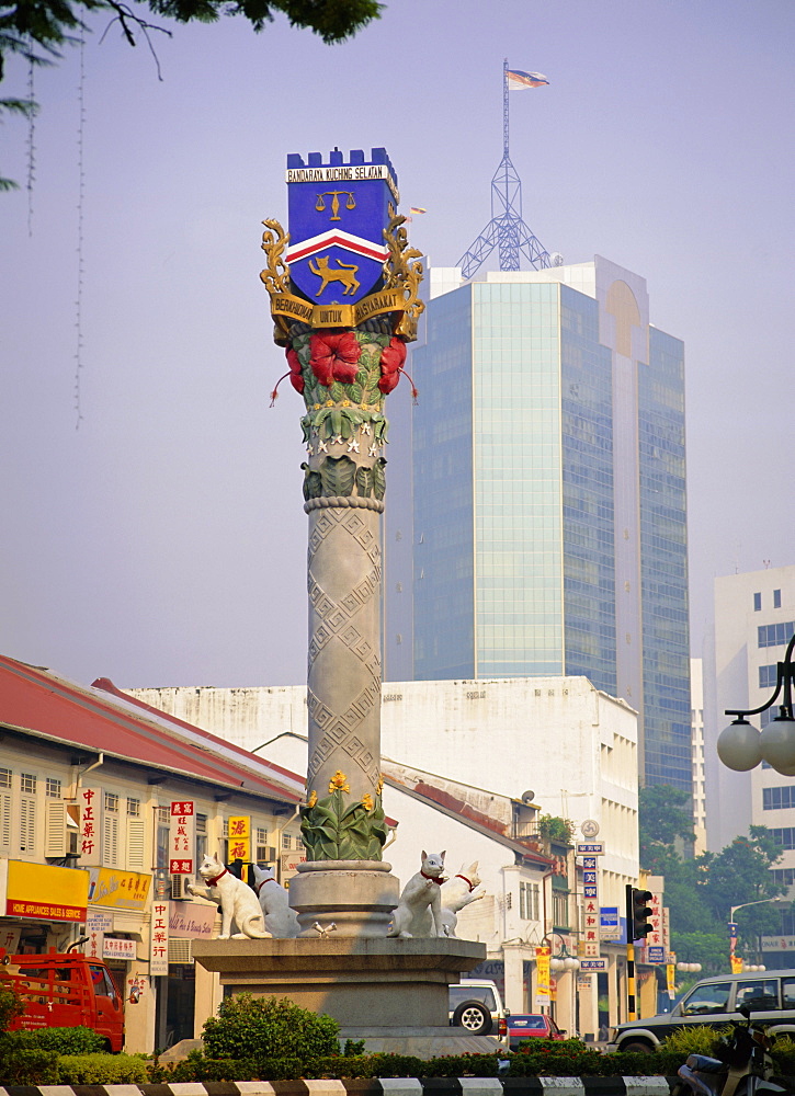 City crest with cat statues at base, (in Malay 'Kuching' is 'cat'), Kuching, Sarawak, island of Borneo, Malaysia