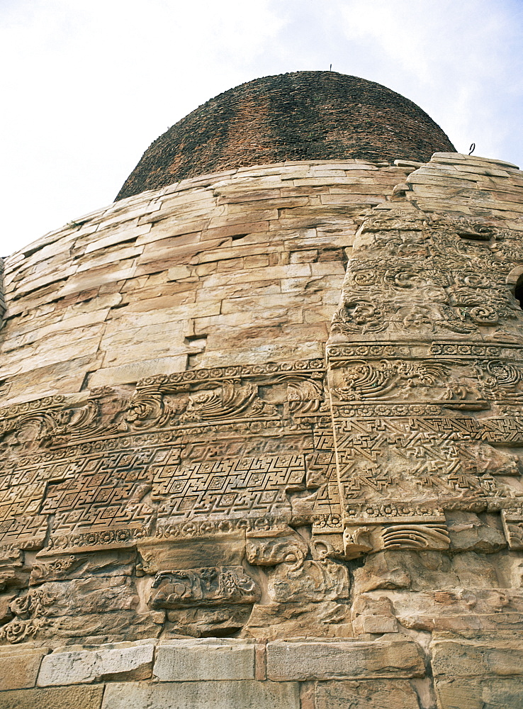 Detail of Gupta designs on Dhamek Stupa, Sarnath, near Varanasi, Uttar Pradesh state, India, Asia