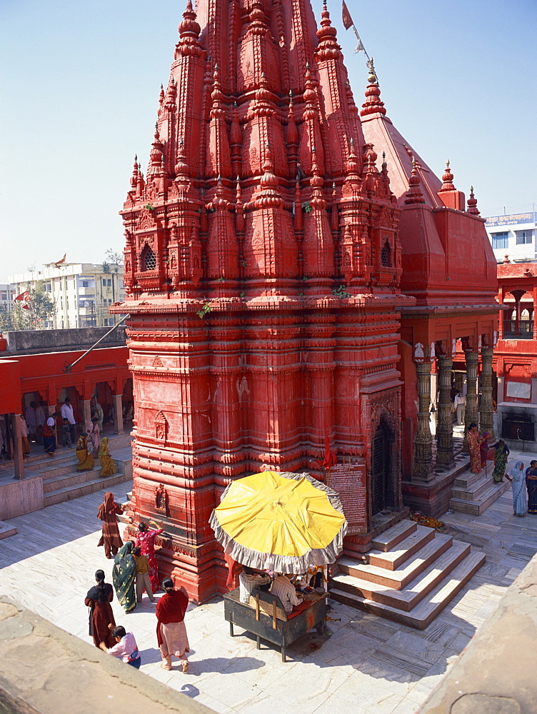 Durga Temple, 18th century Nagara style, painted in red ochre, Varanasi (formerly Benares), Uttar Pradesh, India, Asia