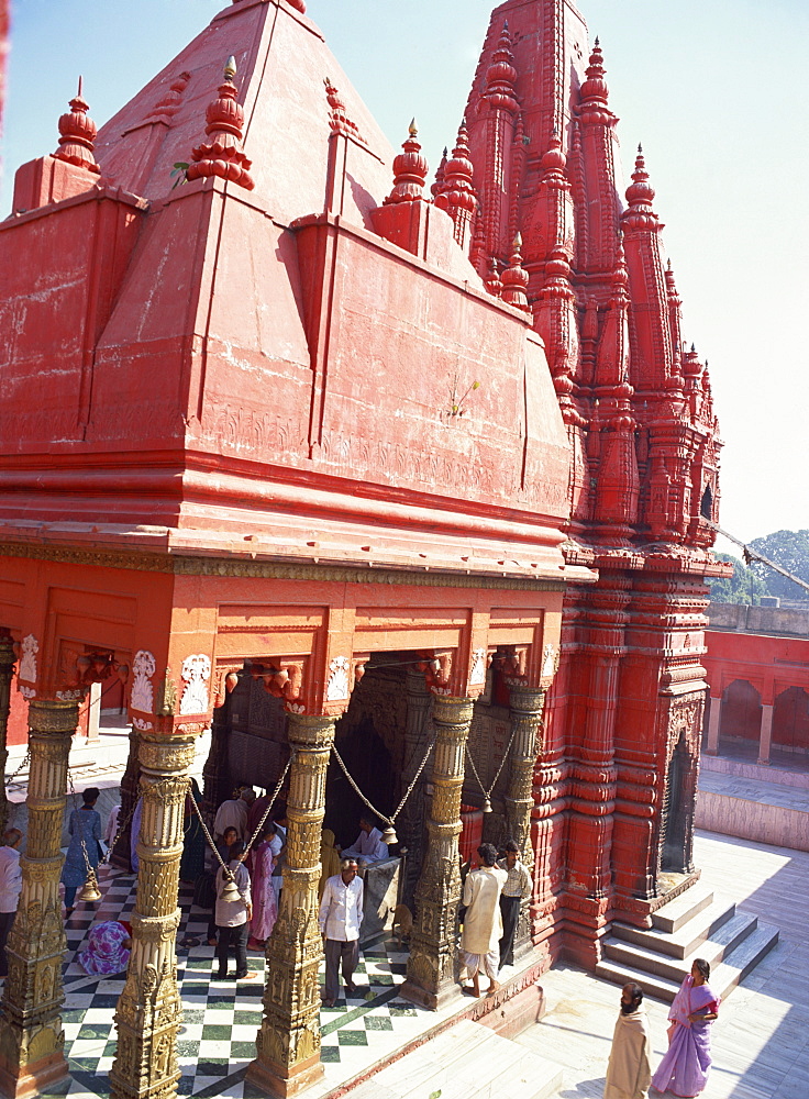 Durga Temple, 18th century Nagara style, painted in red ochre, Varanasi (formerly Benares), Uttar Pradesh, India, Asia