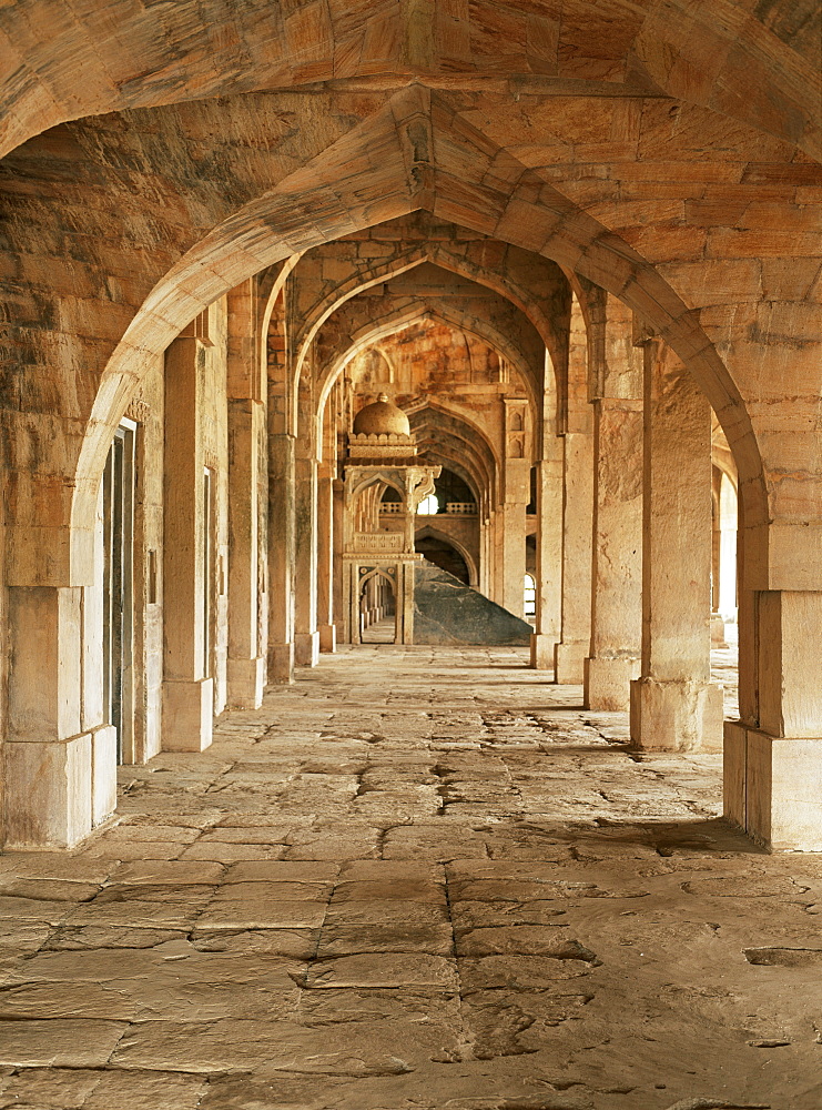 Stone vaults and nimbar (pulpit) in prayer hall of Jami Masjid, Mandu, Madhya Pradesh state, India, Asia