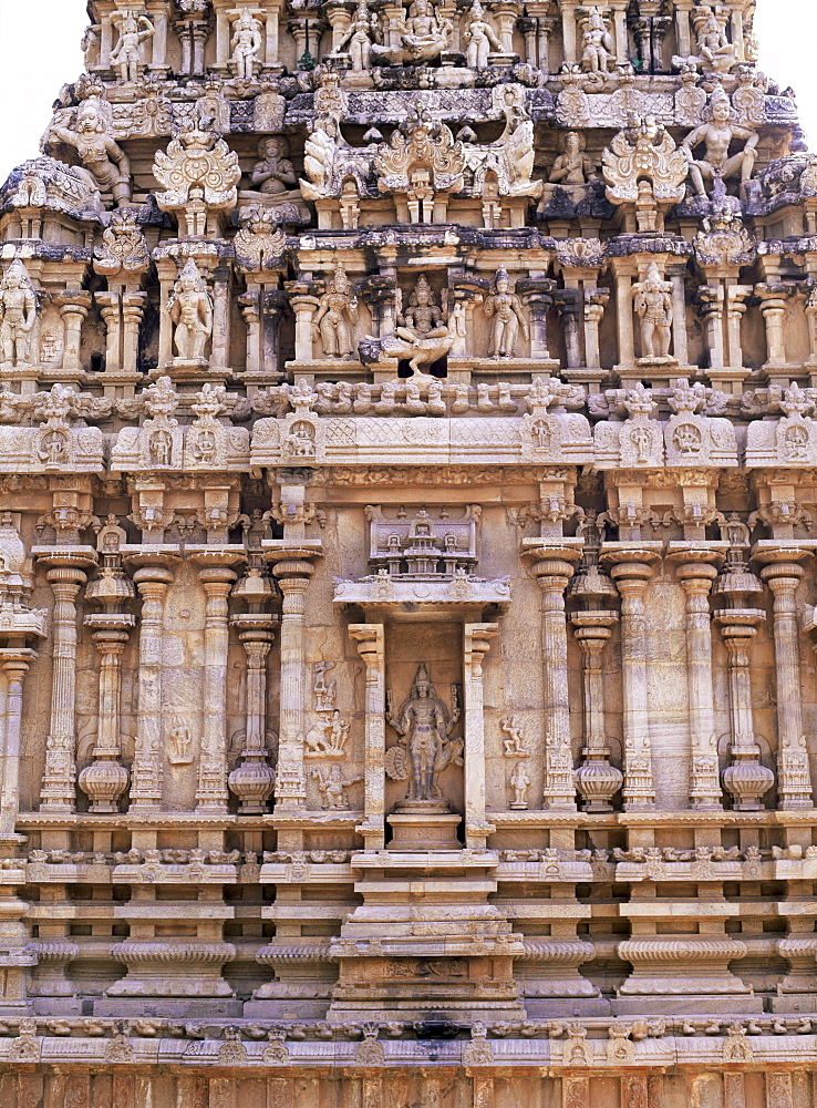 Finely sculpted base of 17th century shrine to Subrahmanya, a son of Shiva, in courtyard of Brihadishvara Temple, Thanjavur (Tanjore), Tamil Nadu state, India, Asia