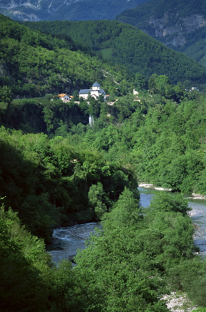 Moraca Monastery, founded in 1252, and Svetigora (Holy Mountain) waterfall, Montenegro, Europe