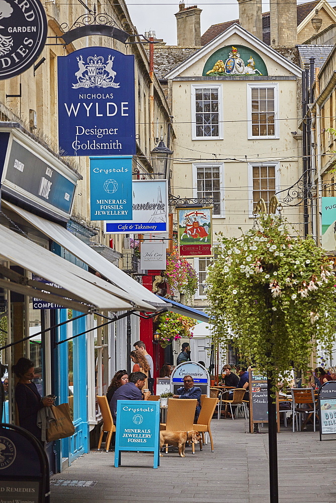 Historic architecture and a street scene in the historic heart of Bath, Somerset, England, United Kingdom, Europe