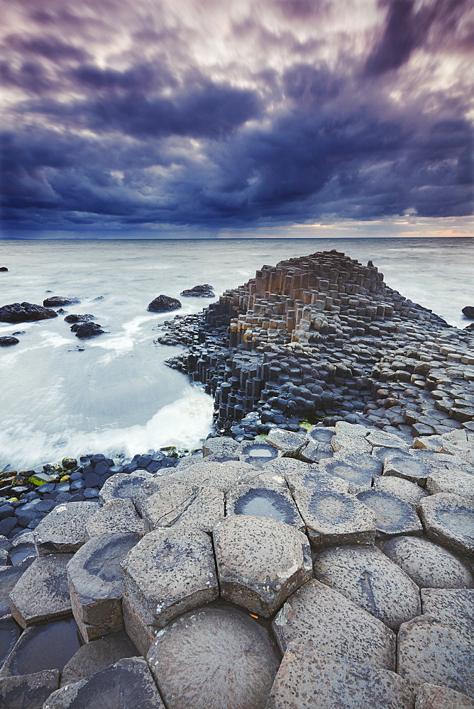 An evening view of the Giant's Causeway, UNESCO World Heritage Site, County Antrim, Ulster, Northern Ireland, United Kingdom, Europe