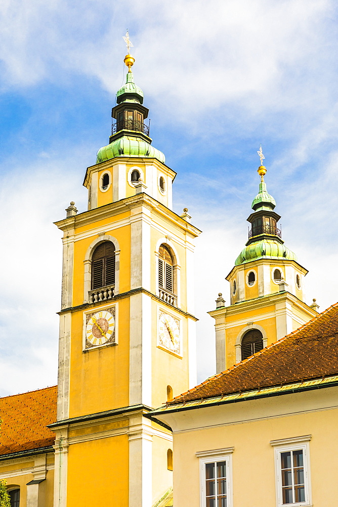 The bell towers of Saint Nicholas Cathedral, Ljubljana, Slovenia, Europe