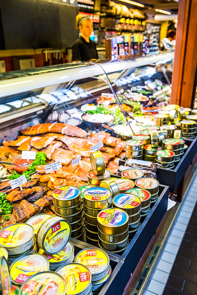 Canned and fresh seafood at Kauppahalli market in Helsinki, Uusimaa, Finland, Scandinavia, Europe