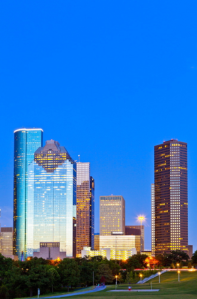 Houston skyline at night from Eleanor Tinsley Park, Texas, United States of America, North America