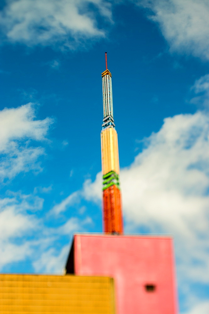 Toy Boy, Peter Freeman's iconic light sculpture, installed on top of an NCP car park in the Northern Quarter, Manchester, England, United Kingdom, Europe