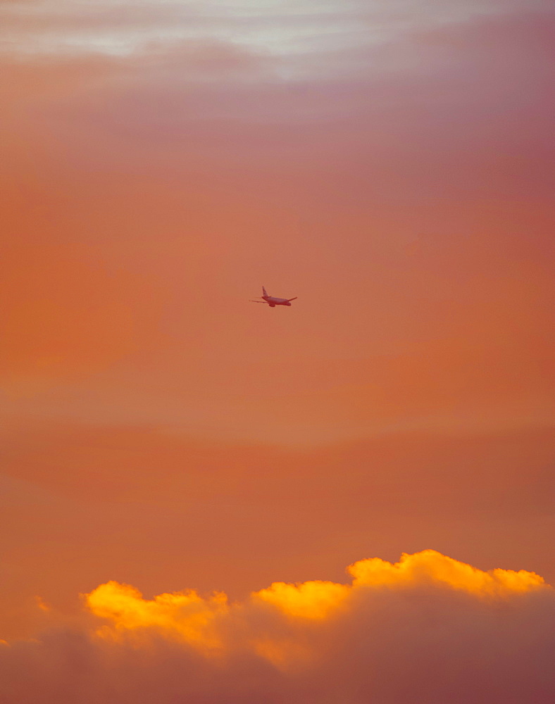 Plane leaving Heathrow at sunset, London, England, United Kingdom, Europe