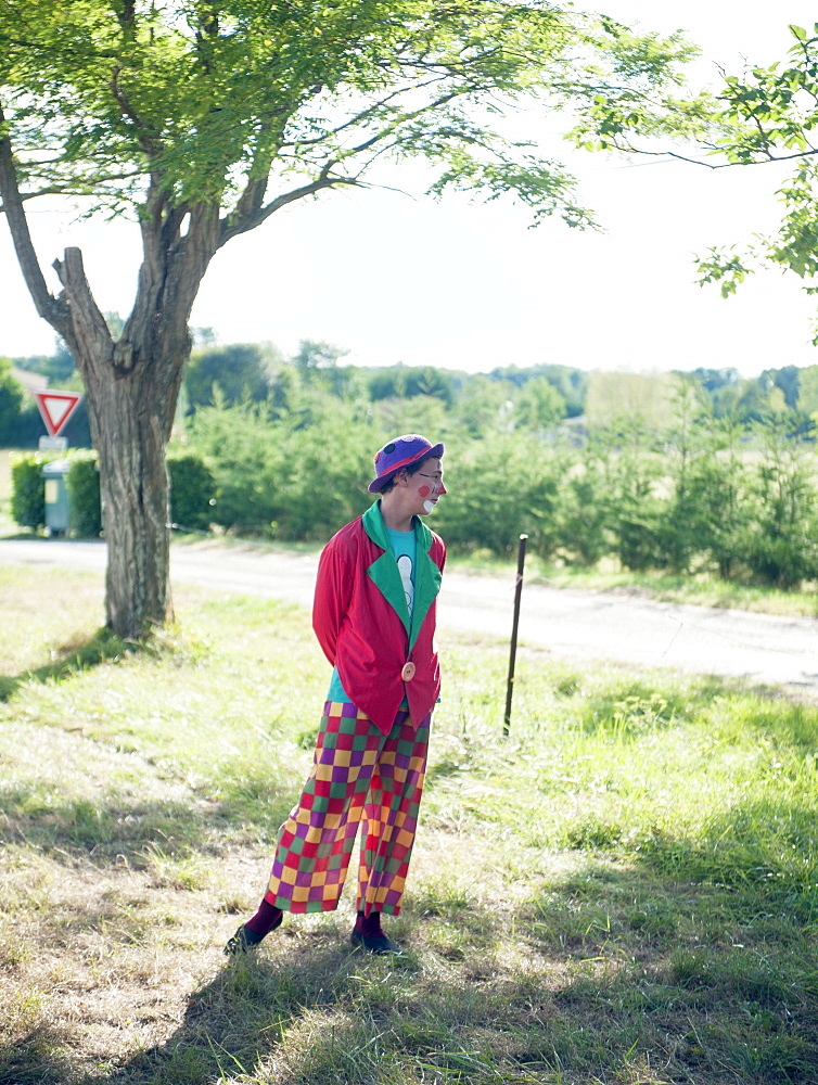 Circus clown waiting for his time to perform, France, Europe