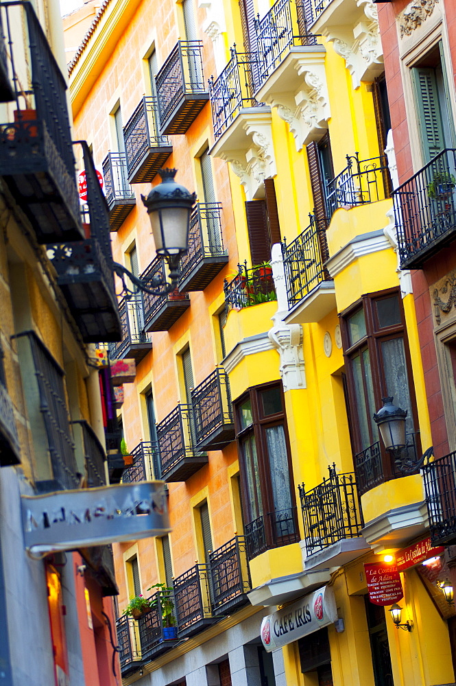 Colourful apartment buildings in central Madrid, Madrid, Spain, Europe