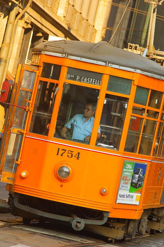 Traditional tramcar, Milan, Lombardy, Italy, Europe