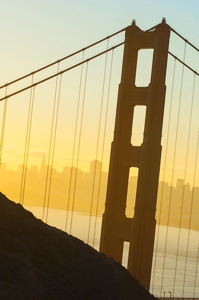 View of San Francisco seen through the Golden Gate Bridge, San Francisco, California, United States of America, North America