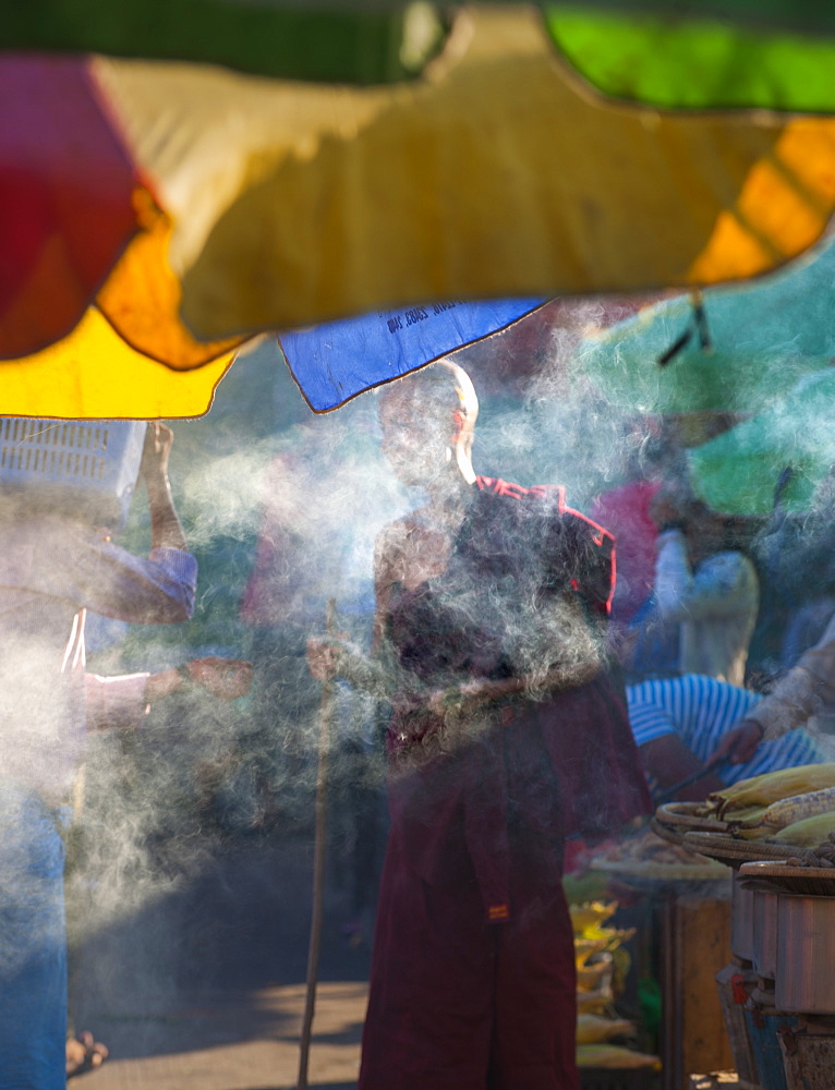 Monk in a street market, Naypyitaw, Myanmar (Burma), Asia