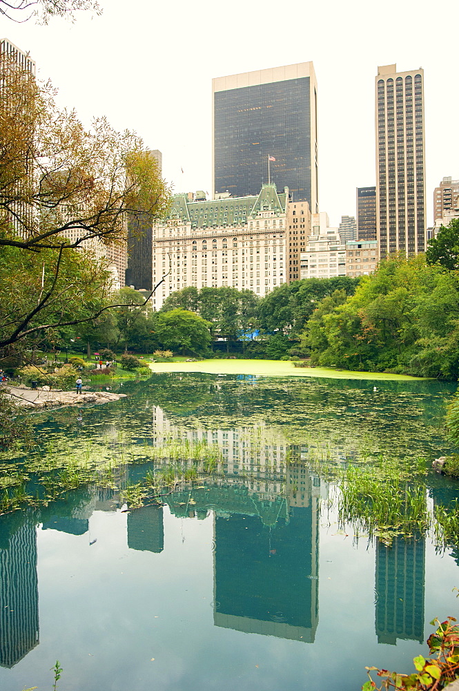 Midtown Manhattan reflected in Central Park lake, New York, United States of America, North America