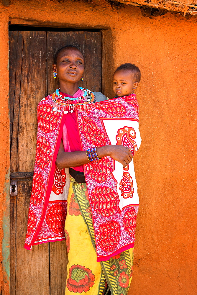 African Masai woman and baby, Masai Mara, Kenya, East Africa, Africa